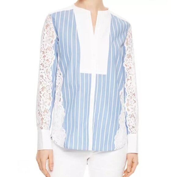 SANDRO Deve Striped Lace-Inset Top - Picture 1 of 12